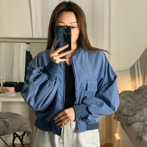 Blue bell sleeve bomber jacket